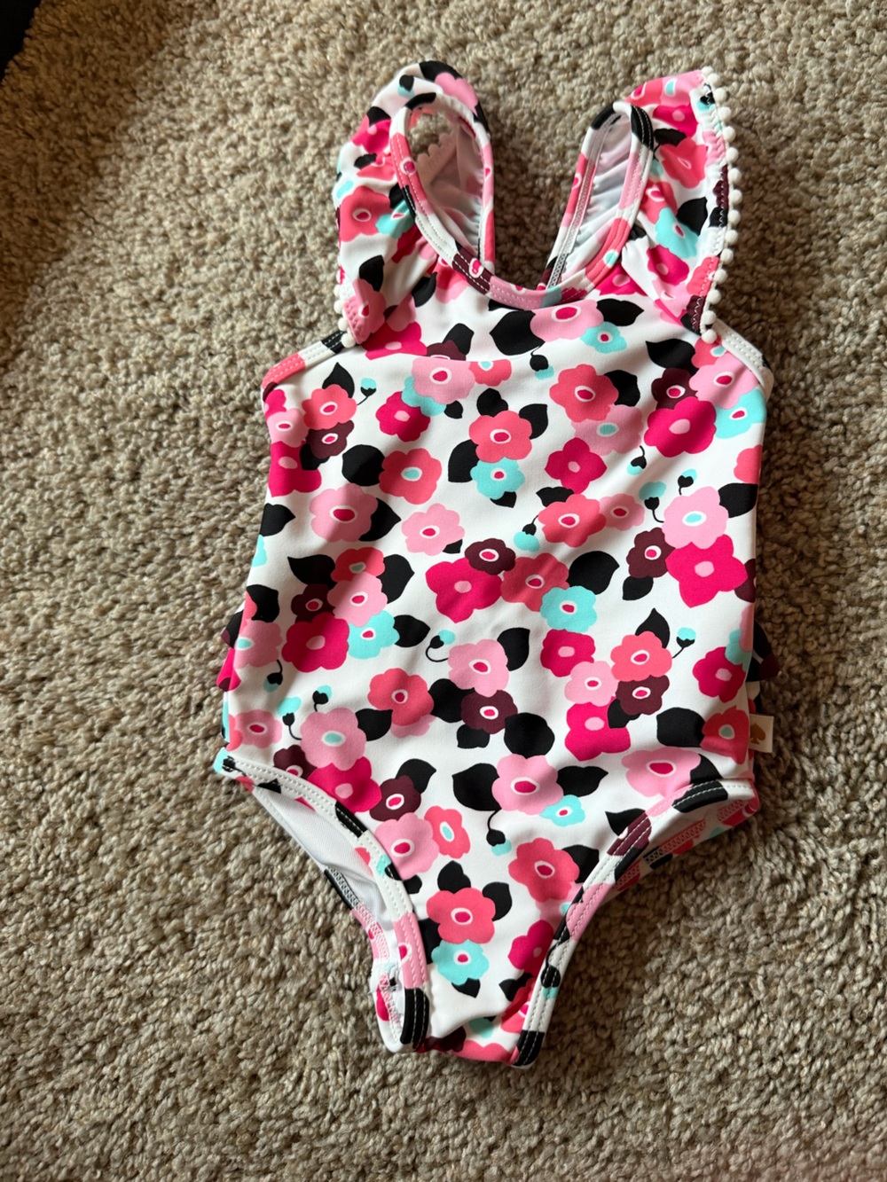 EUC kate spade Baby Girl One Piece Swimsuit Flowers Ruffles and Pom Poms 12M